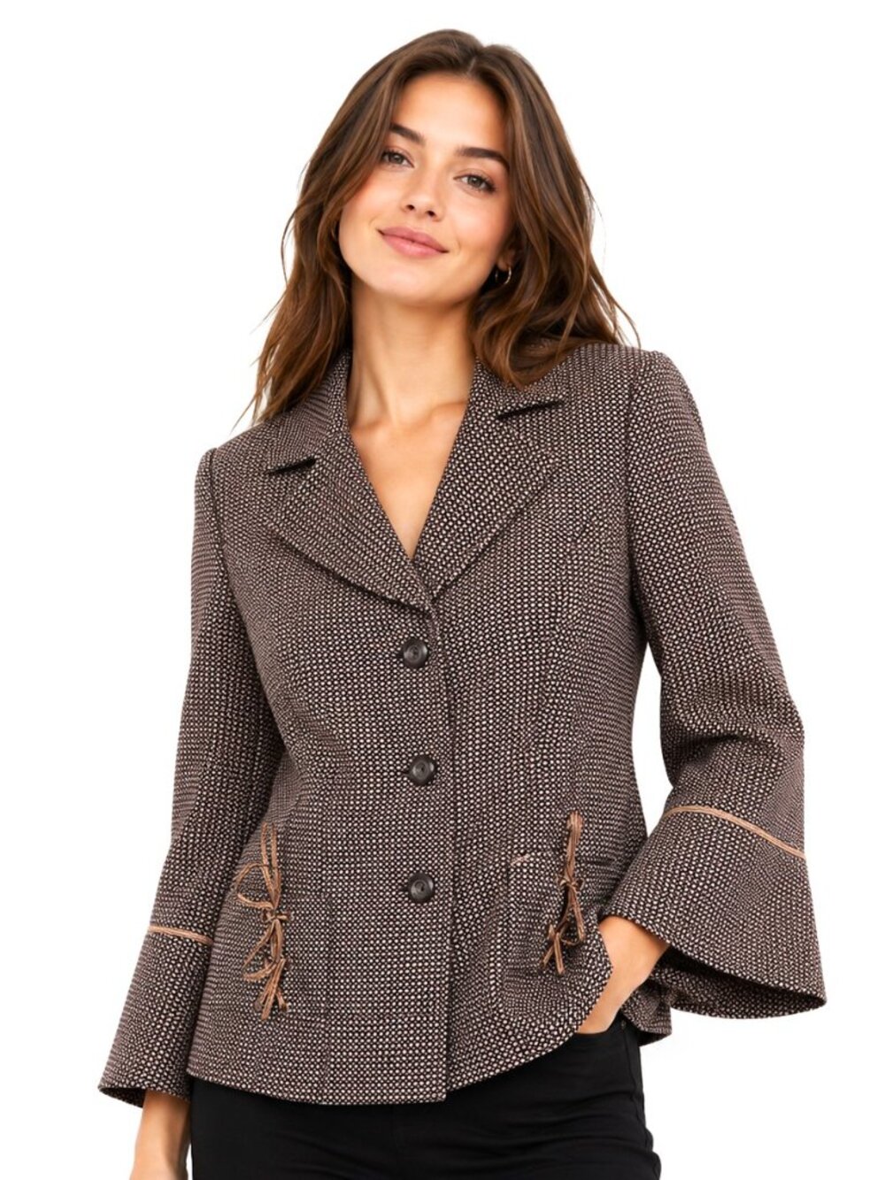 Isabel & Nina Black Tan Check Ribbon Trim Bell Sleeve Jacket